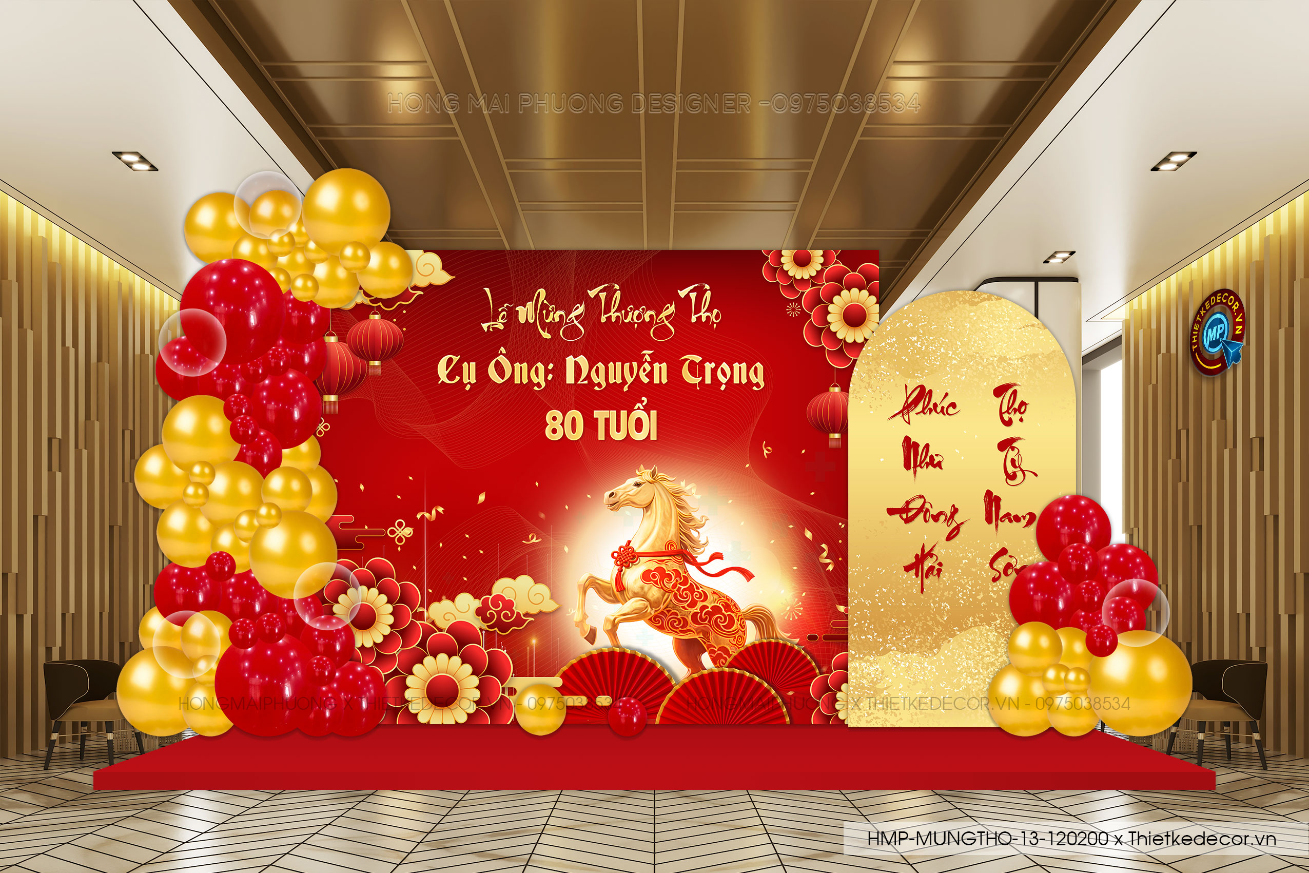 File thiết kế trang trí tiệc mừng thọ tone đỏ vàng sang trọng